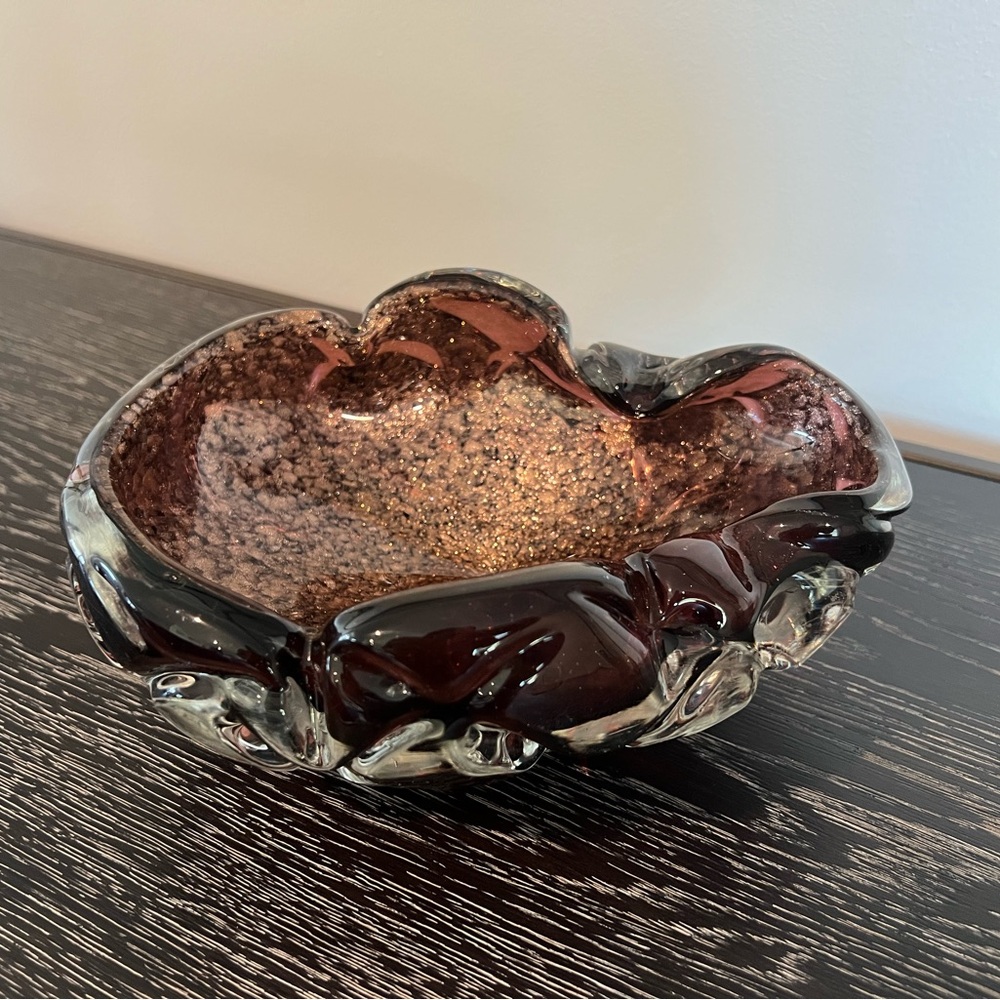 Art Glass Bowl Amethyst Gold Fleck Swirl Quilted Exterior